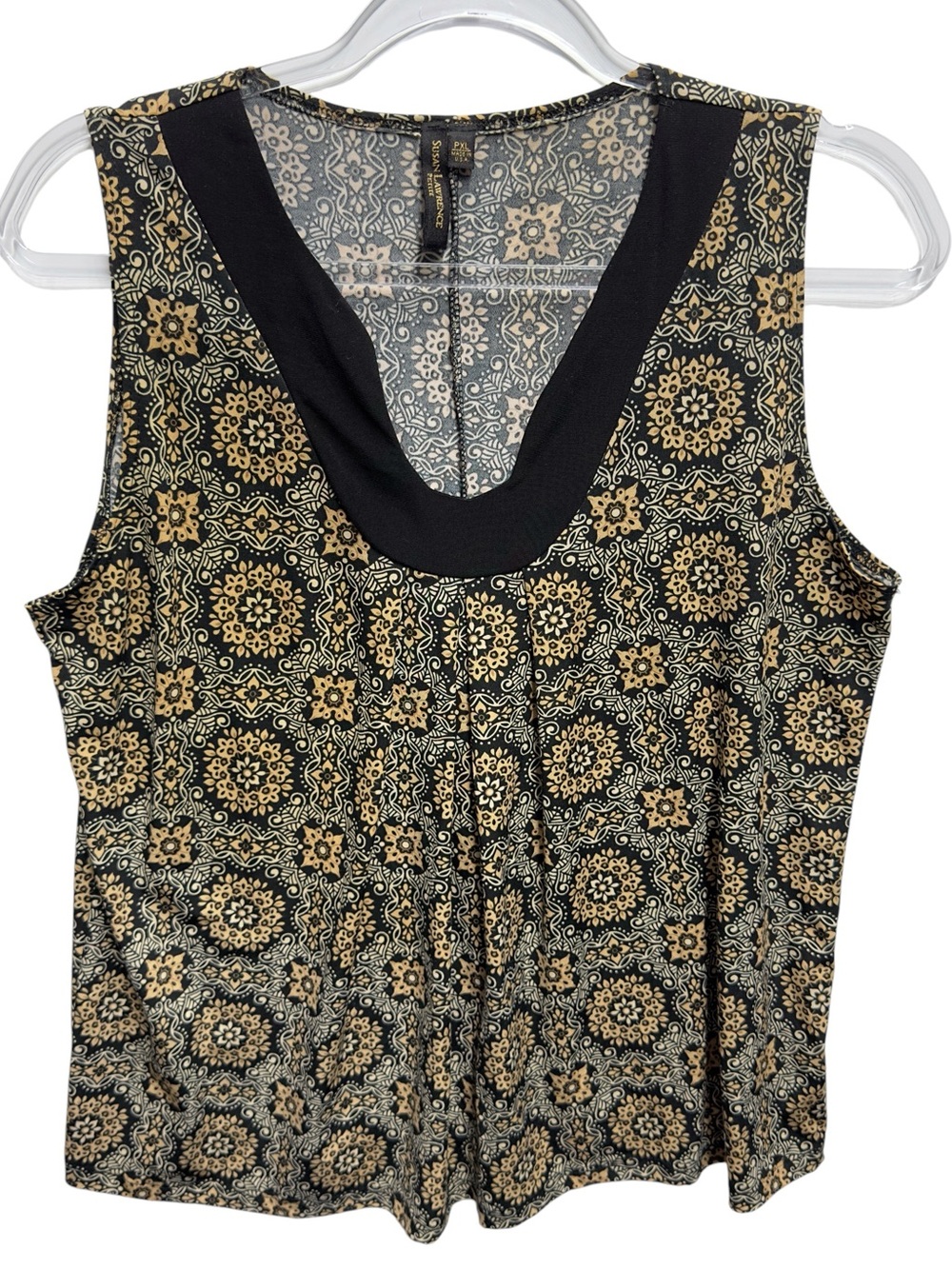 Tuxedo Silky Ponte Knit Abstract Cloves Mosaic Art Drape Blouse Tank Top